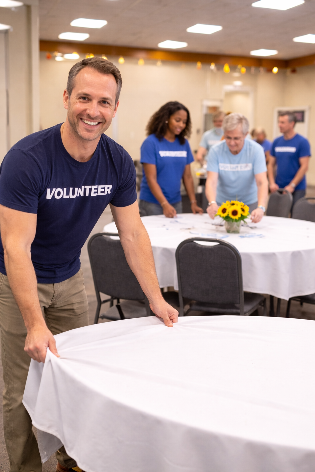 Volunteers helping set up tables for a community gathering