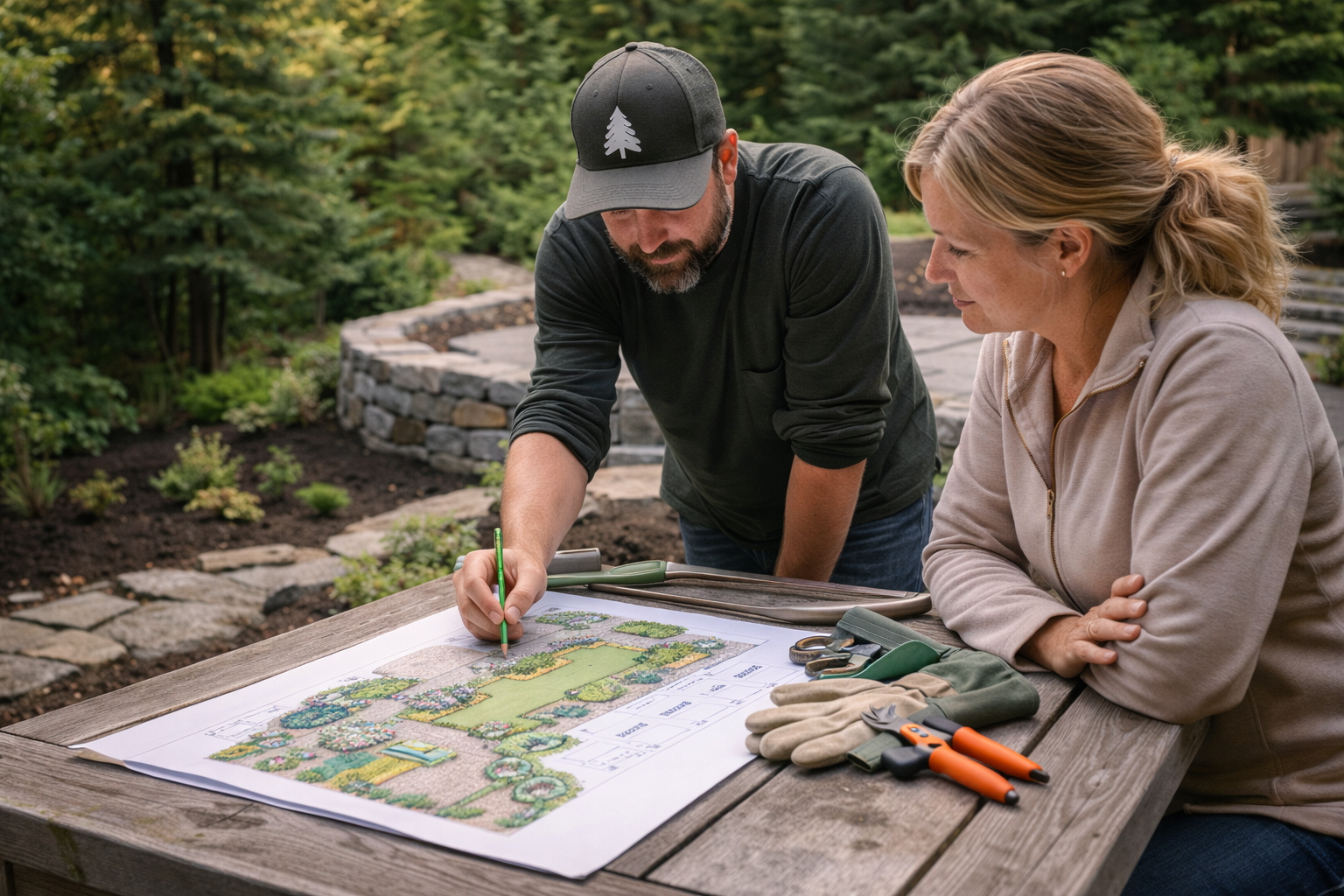 Pacific Northwest residential landscape with a stone walkway, layered greenery, and a welcoming outdoor living area