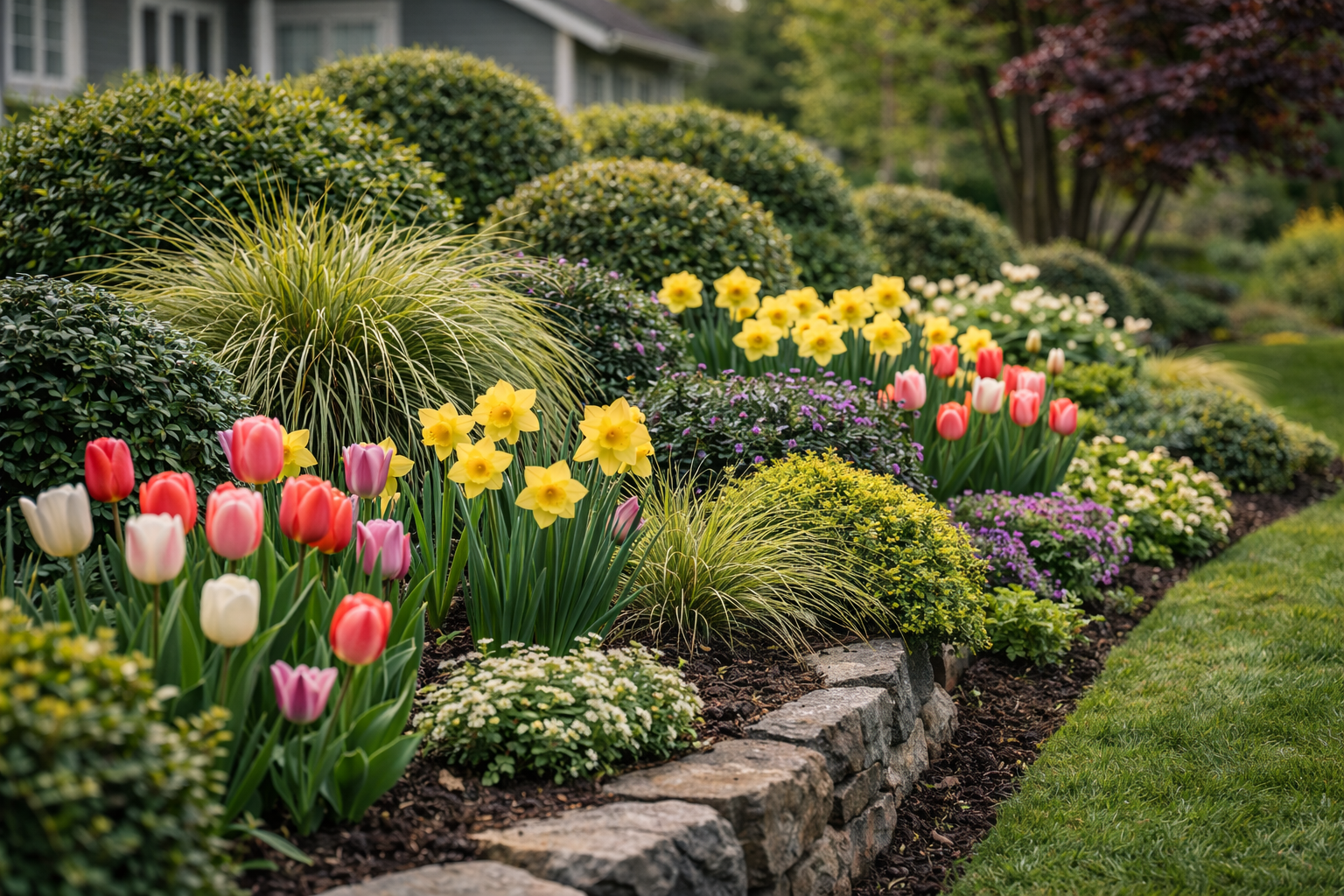 Professionally designed layered landscape bed with ornamental grasses, shrubs, and stone edging