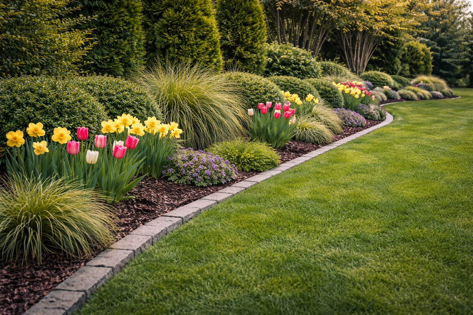 Clean residential property edge with crisp lawn border, layered shrubs, and ornamental grasses