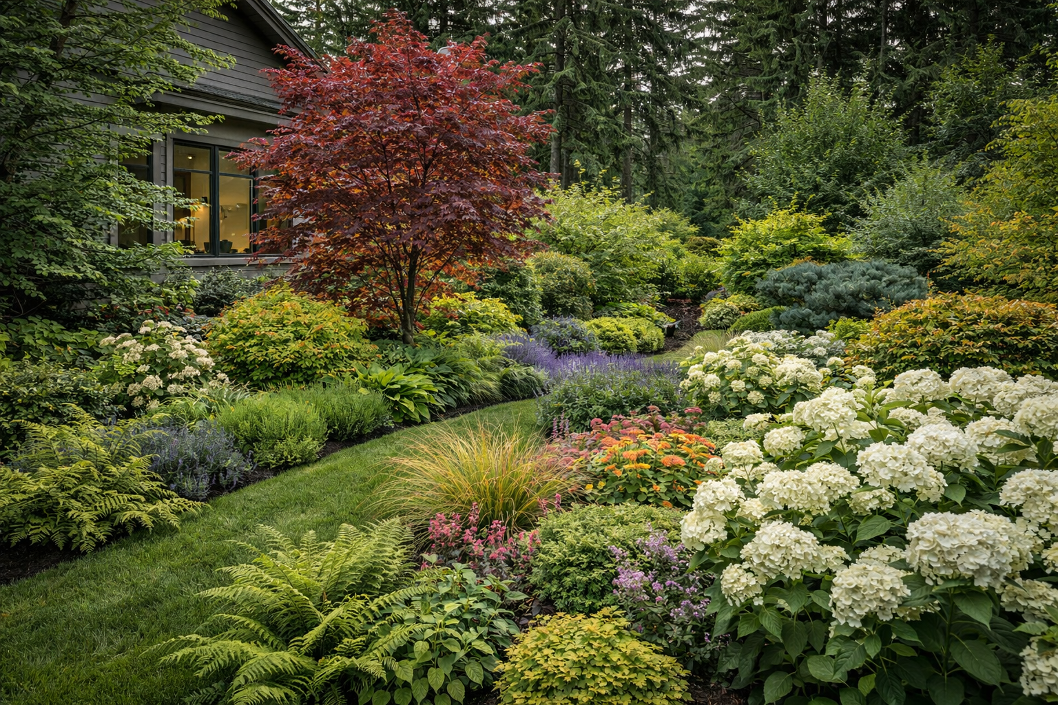 Layered plant design and greenery in residential yard
