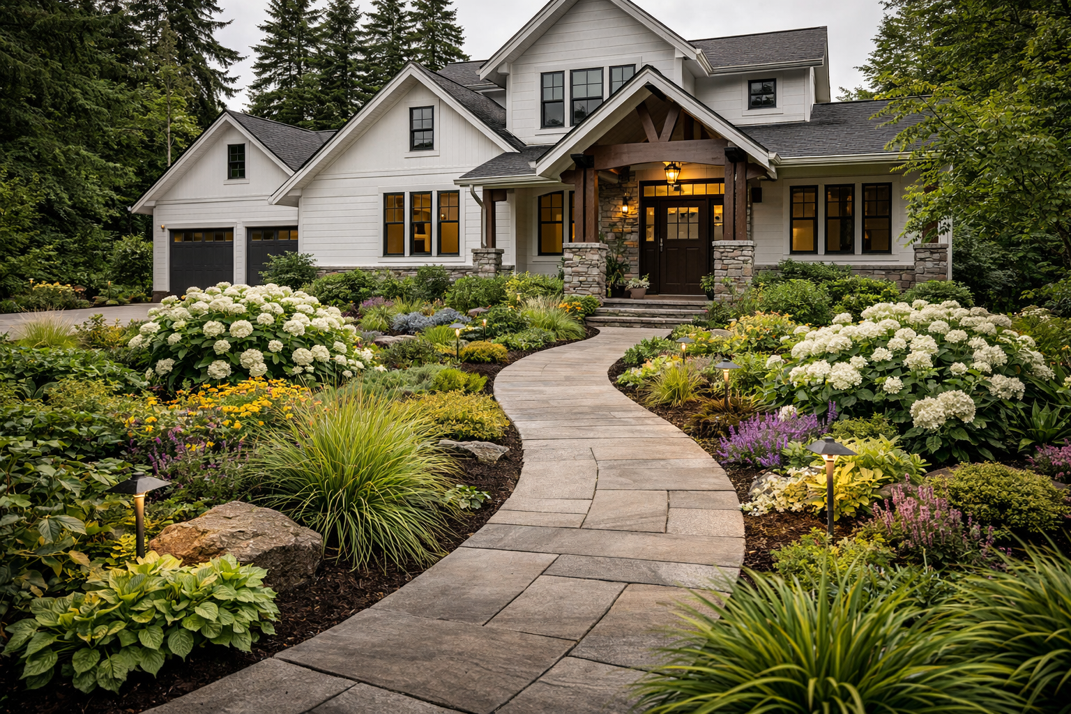 Beautiful landscaped front yard in the Pacific Northwest