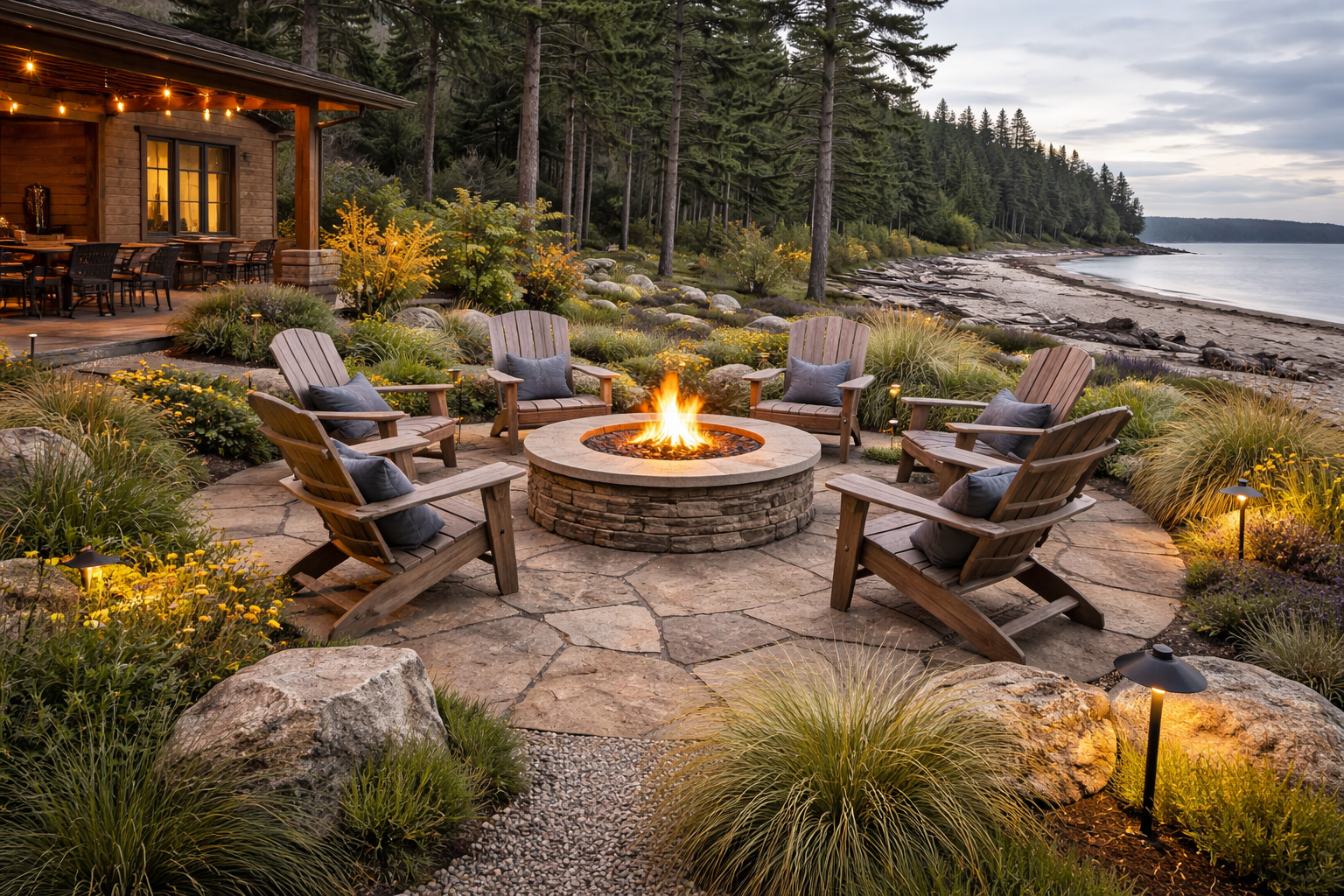 Outdoor living space with firepit and seating area