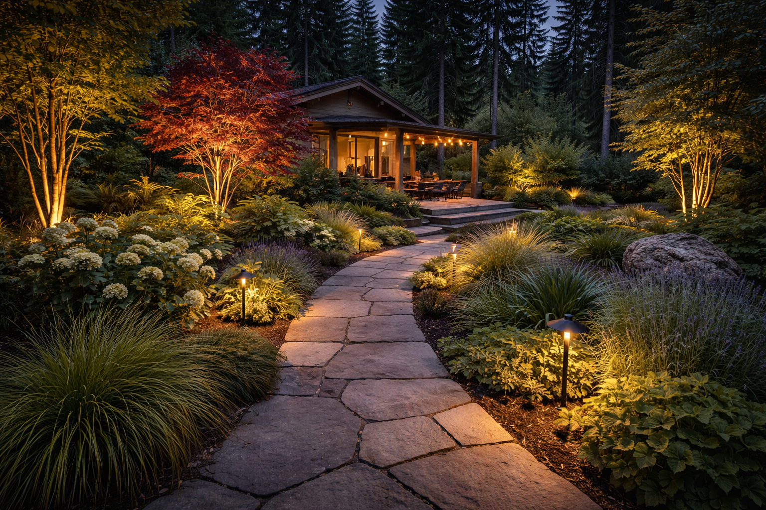 Landscaped yard with evening outdoor lighting