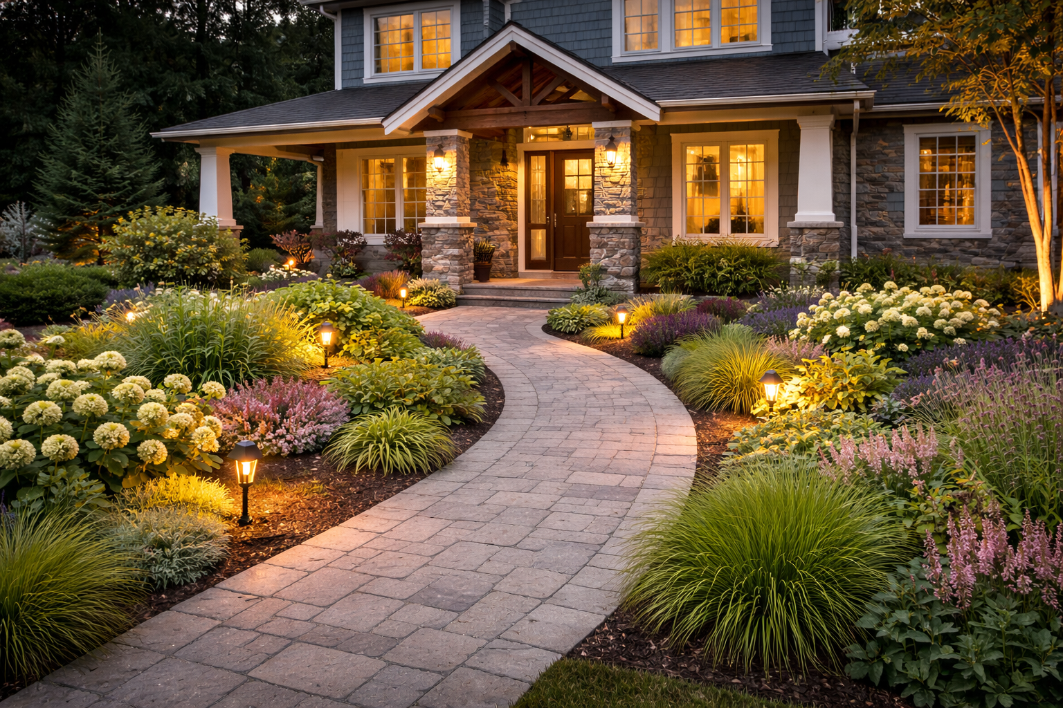 Front yard curb appeal enhancement with manicured planting beds, defined walkways, and upscale residential landscaping