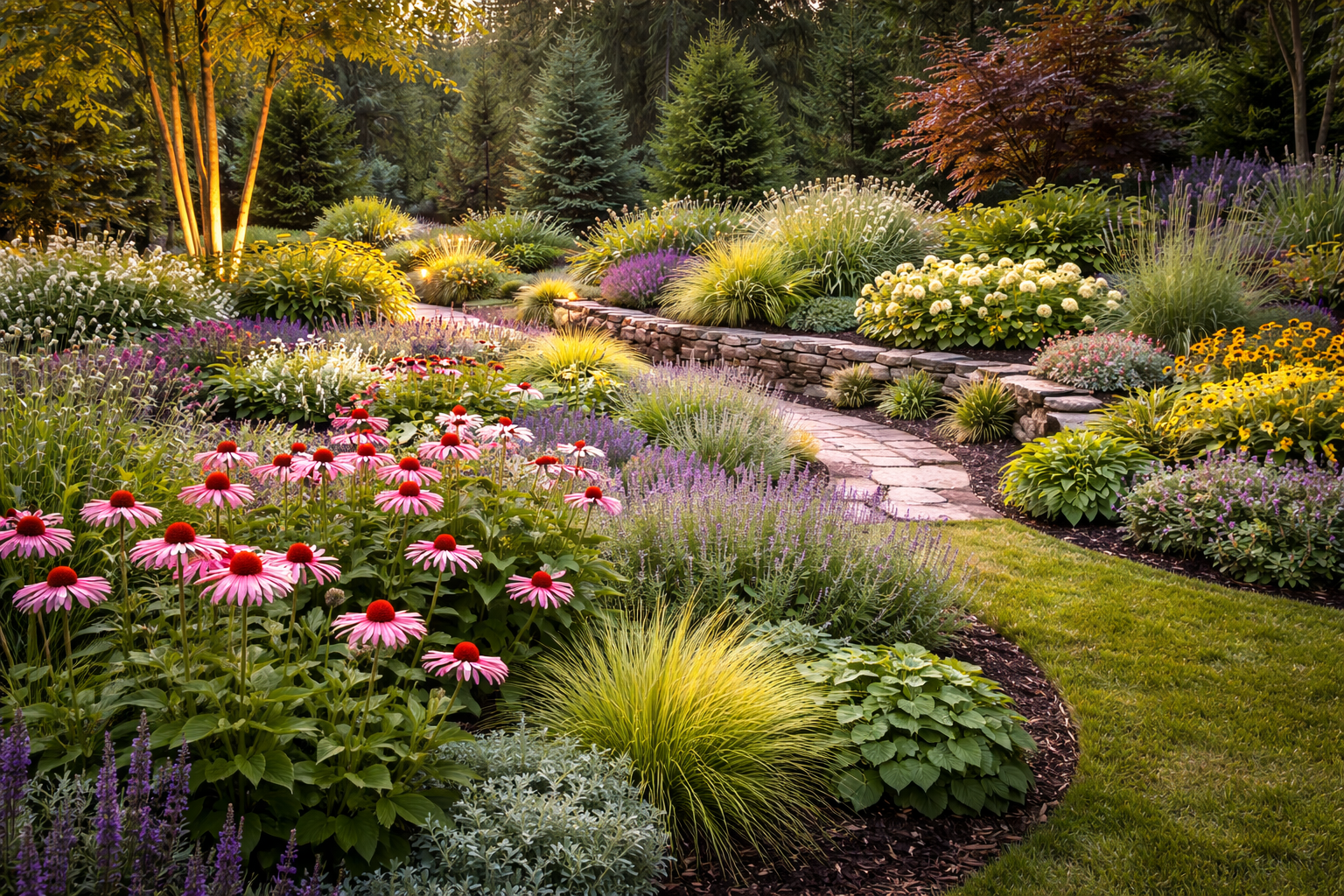 Layered garden and planting design with ornamental grasses, seasonal flowers, and structured Pacific Northwest landscaping