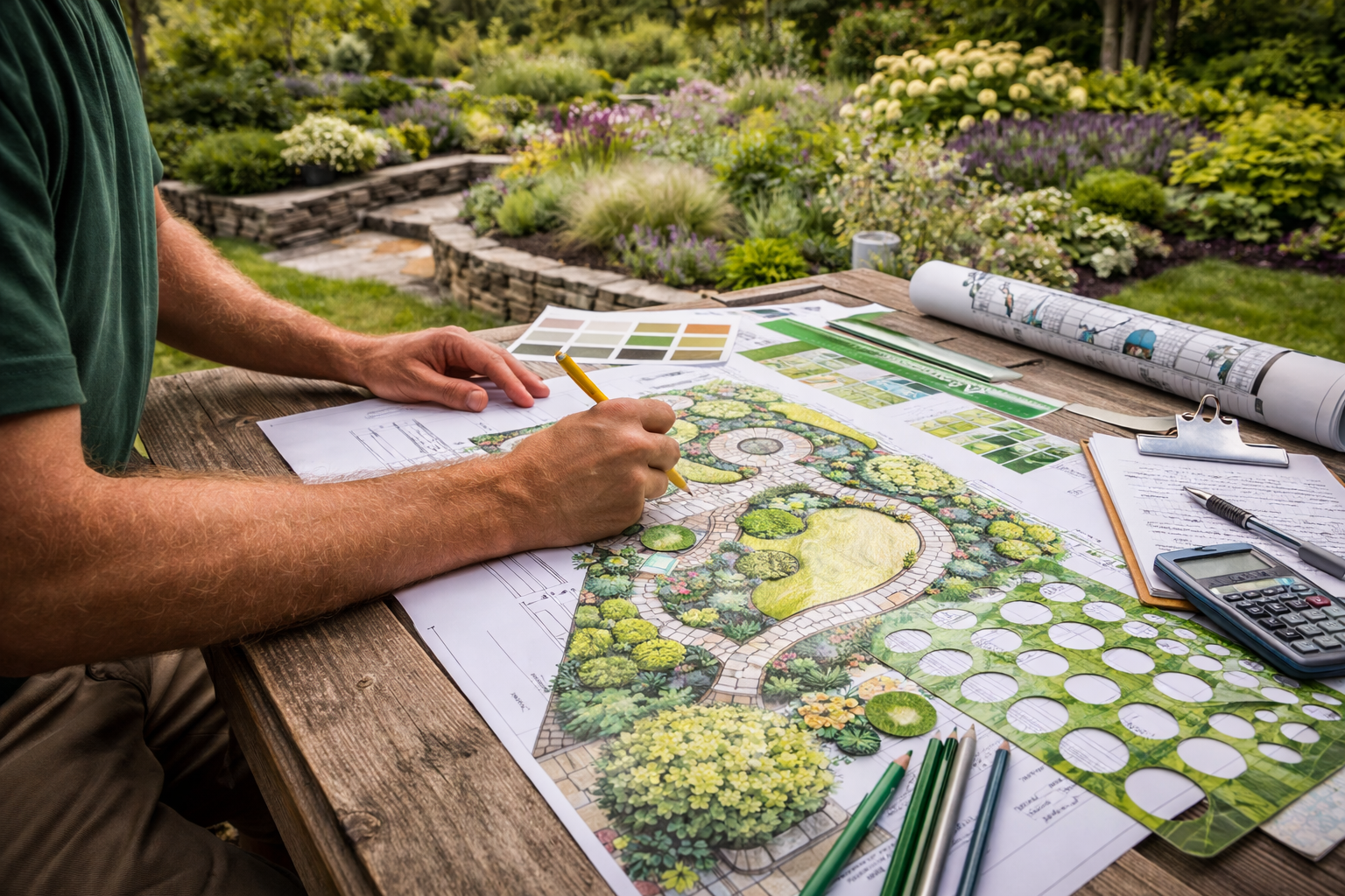 Landscape designer reviewing a custom residential landscaping plan outdoors in the Pacific Northwest