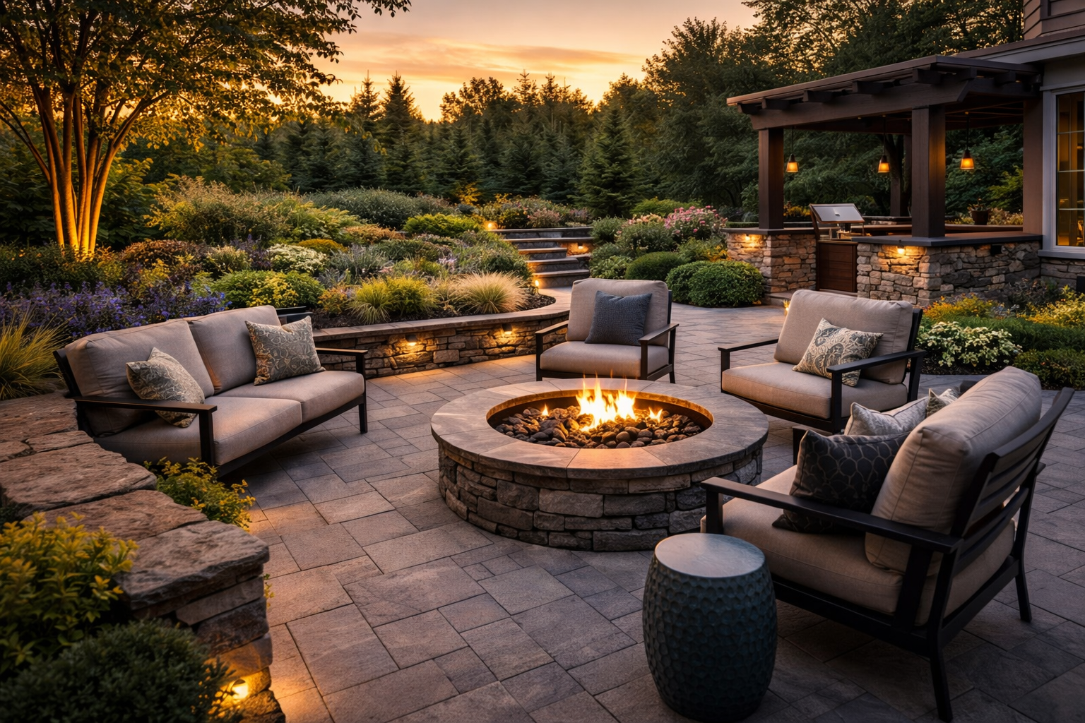 Luxury outdoor living space with patio seating, layered landscaping, and a polished residential setting