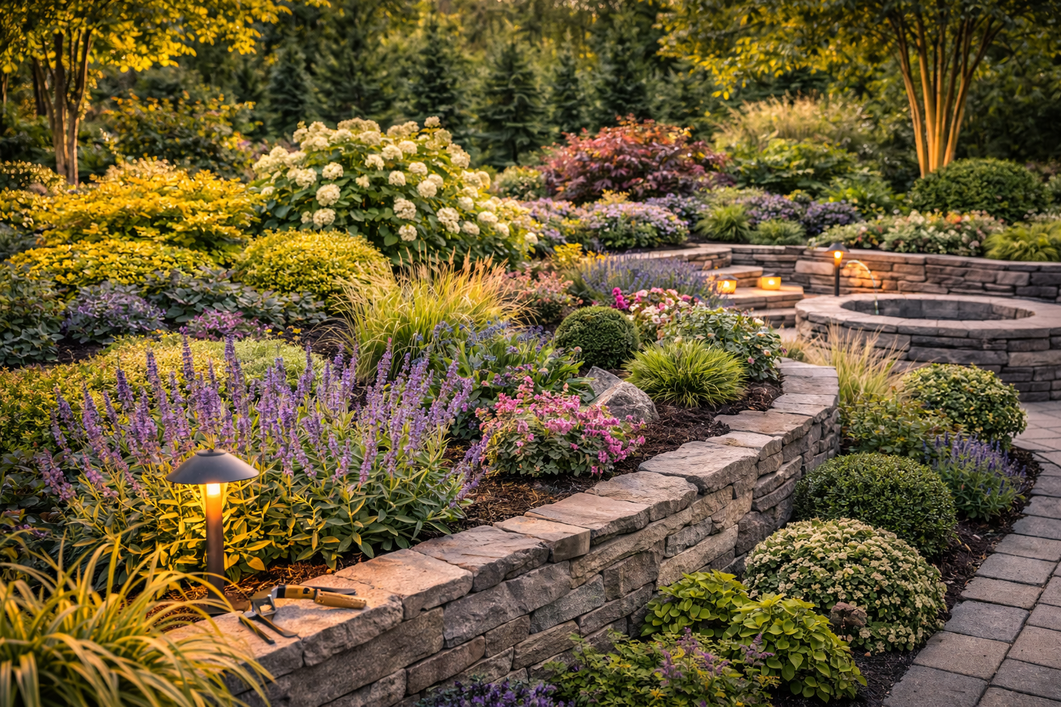 Layered planting design with flowers, shrubs, and ornamental grasses in a Pacific Northwest garden
