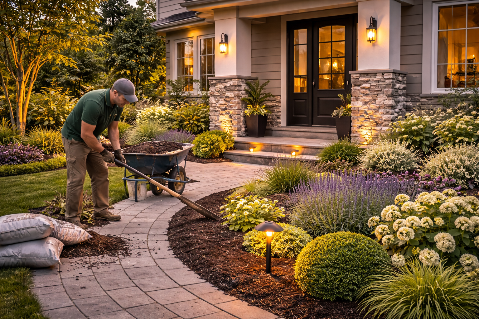Front entry landscape refresh with a clean walkway, lighting, and freshly updated planting beds