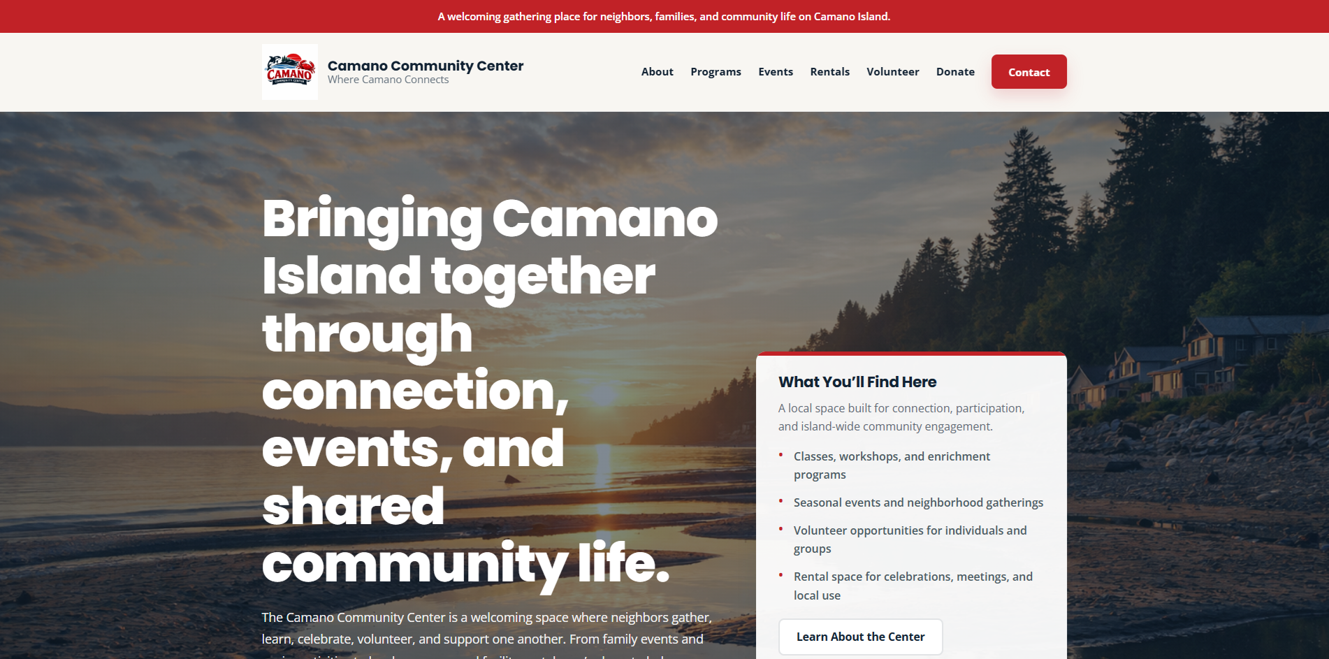 Screenshot of the Camano Community Center homepage